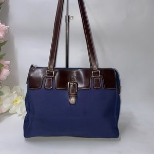 Etienne Aigner Canvas Leather Shoulder Bag Blue Medium